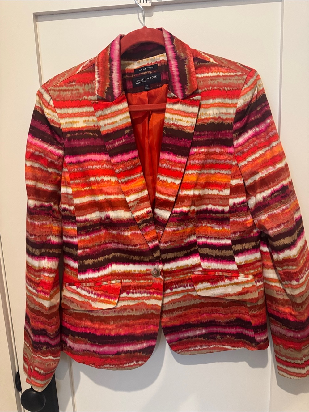 Jones New York SZ 12 Multicolor Striped Blazer in Red, Orange, Pink